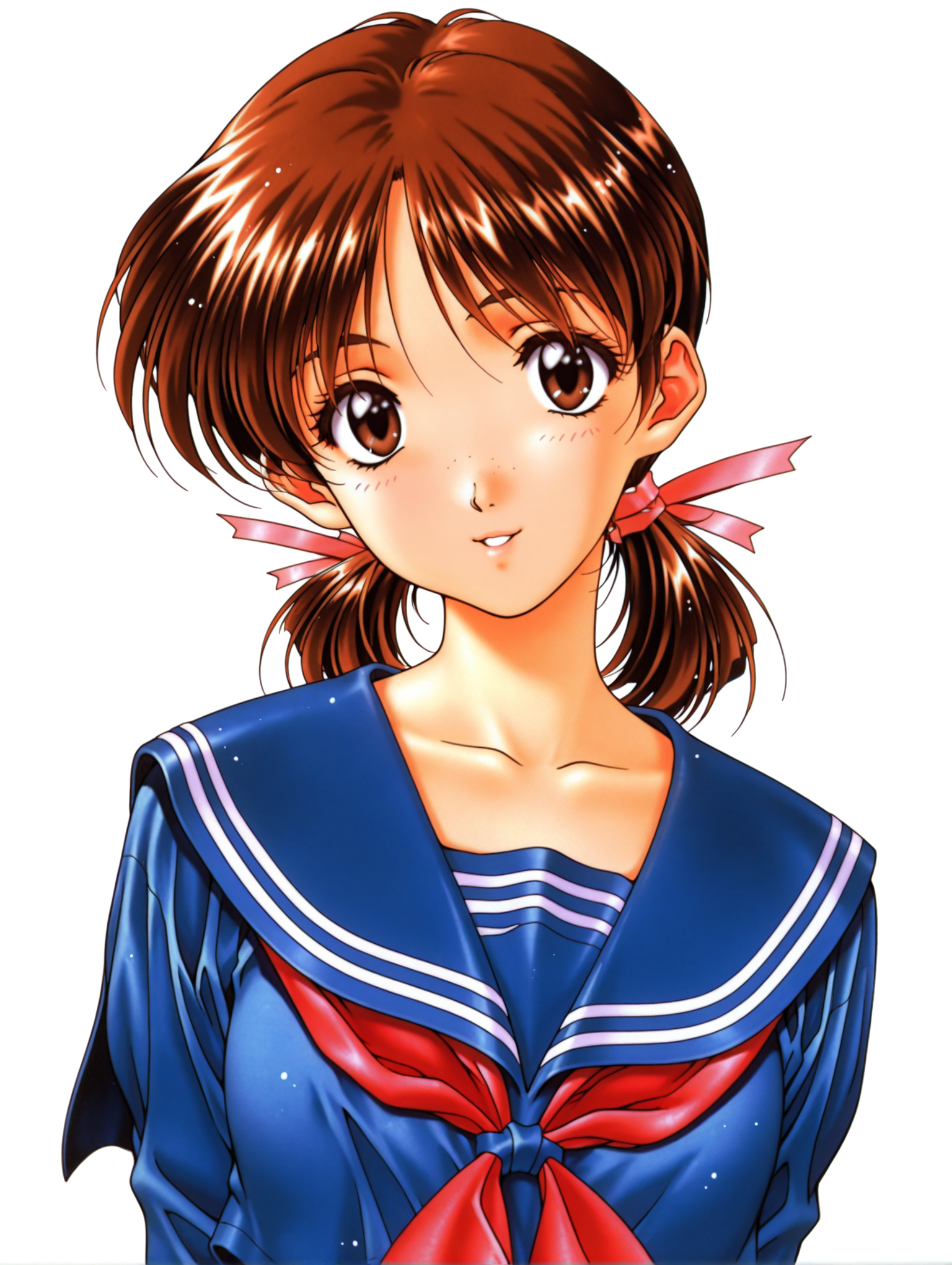 masterpiece,best quality,newest,
1girl,solo,
1990s \(style\),retro artstyle,<lora:adachi_taeko_ilxl_v1.0:1>,a_taeko,brown hair,brown eyes,blue hair bow,low twintails,t_clothes,blue sailor suit,long_sleeves,pleated_skirt,
<lora:Fixhands_anime_bdsqlsz_V1:1>,looking_at_viewer,white_background,simple_background,parted lips,cowboy_shot,front view,portrait,head_tilt,smile,