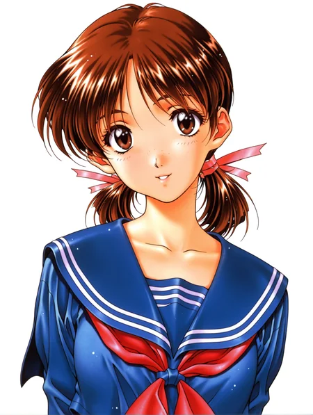 masterpiece,best quality,newest,
1girl,solo,
1990s \(style\),retro artstyle,<lora:adachi_taeko_ilxl_v1.0:1>,a_taeko,brown hair,brown eyes,blue hair bow,low twintails,t_clothes,blue sailor suit,long_sleeves,pleated_skirt,
<lora:Fixhands_anime_bdsqlsz_V1:1>,looking_at_viewer,white_background,simple_background,parted lips,cowboy_shot,front view,portrait,head_tilt,smile,