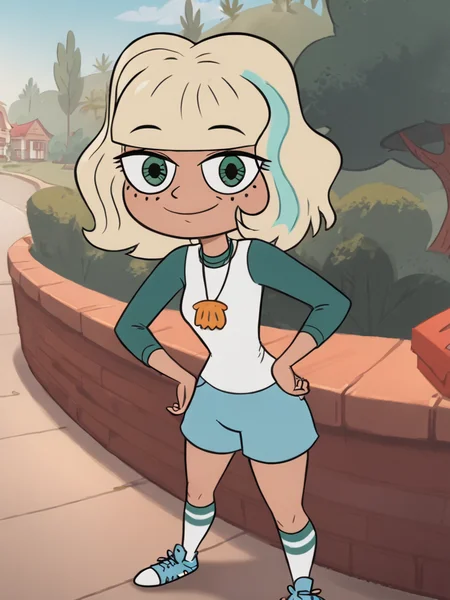 <lora:JackieLPony1.0:0.8> jackiel, blonde hair, 1girl, green eyes, solo, multicolored hair, short hair, shirt, shell necklace, bangs, long sleeves, blue shorts,smile, socks,sneakers,eye reflection,standing, looking at viewer, score_9,<lora:Smooth Anime Style LoRA XL:1> toon \(style\),