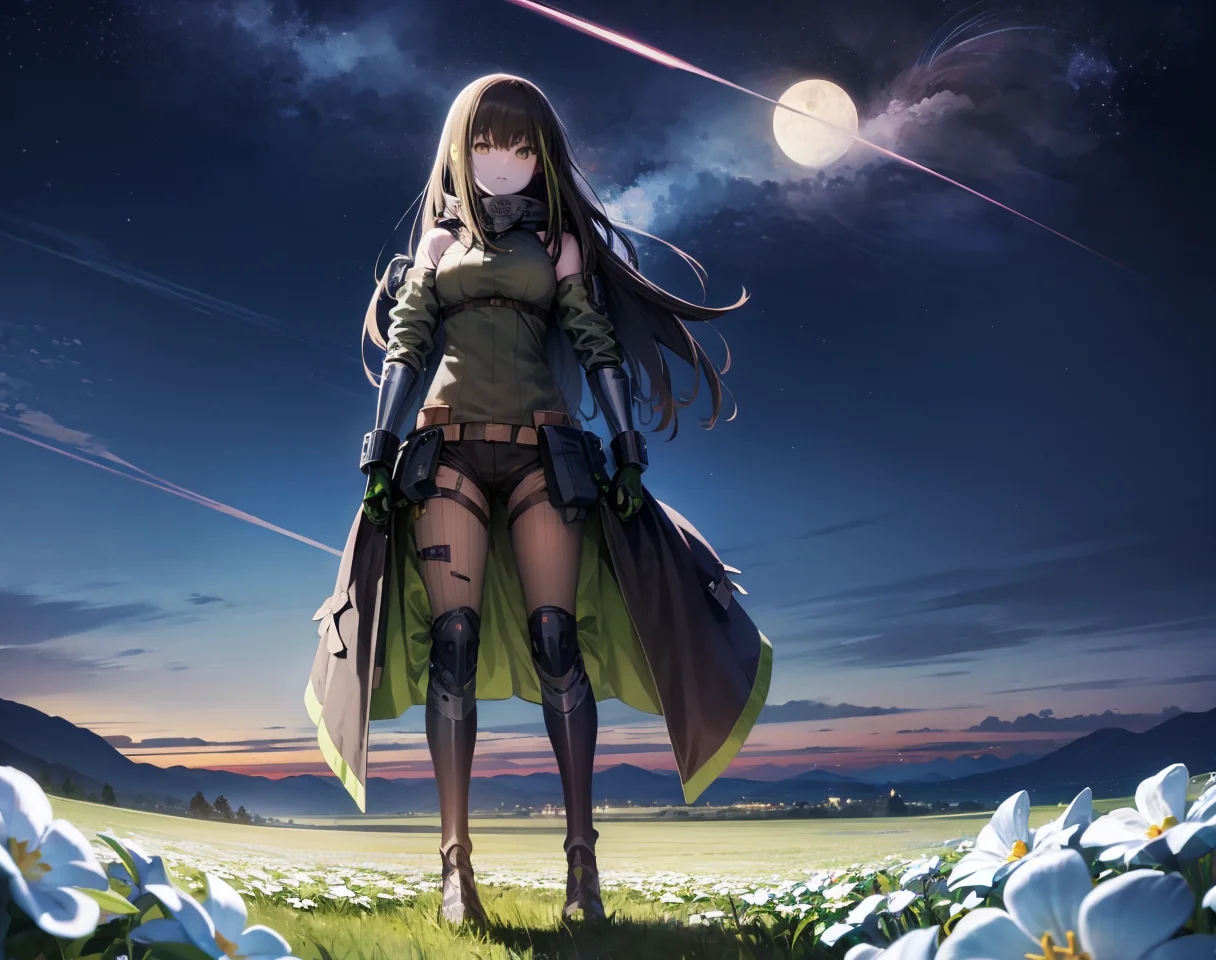 (extremely detailed CG unity 8k wallpaper),(masterpiece), (best quality), (ultra-detailed), (best illustration),(best shadow), (sharp eyeliner, eyeshadow, detailed eyes:1.1), night sky, (standing in wide open field of glowing white flowers:1.1), wide shot, full body, moonlit
,BREAK
(m4a1mod:1.2), mod3 \(girls' frontline\), solo
<lora:M4A1:1>