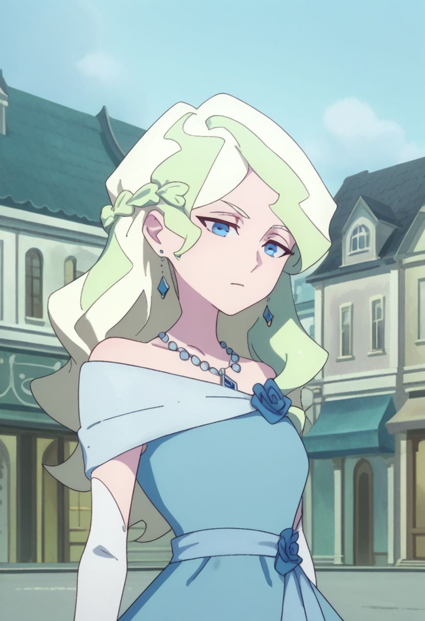 score_9, score_8_up, score_7_up, source_anime, highly detailed, 
diana, 1girl, blue eyes, jewelry, dress, solo blonde hair, necklace, long hair, parody,
multicolored hair, earrings, elbow gloves, blue dress, formal, light green hair,
flow,
outdoor,