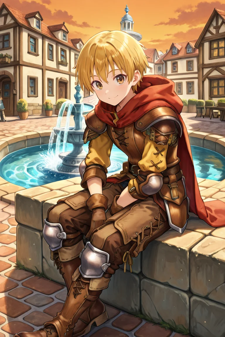 <lora:Canaan:0.9> , CaDef, solo, 1boy, brown eyes, short hair, blonde hair, red hood, hood down, shoulder pads, elbow pads, armor, brown pants, capri pants, brown armor, cross-laced clothes, yellow sleeves, brown gloves, gloves, armored boots, brown boots, boots, full body, sitting, fountain, sitting at edge of fountain, town square, smile, closed mouth, exterior, evening, cobblestone floor, looking at viewer, solo, masterpiece, very aesthetic, absurdres, best quality, amazing quality, high resolution, detailed background, <lora:illustrious_quality_modifiers_masterpieces_v1:0.8> , <lora:ChamIllustriousBackgroundEnhancer:0.5>