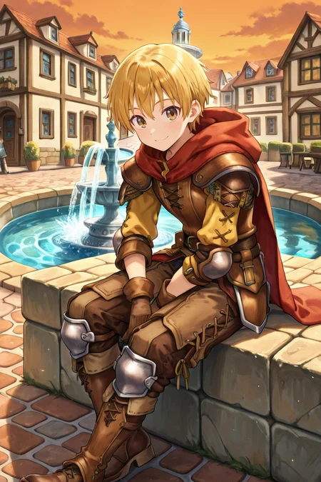 <lora:Canaan:0.9> , CaDef, solo, 1boy, brown eyes, short hair, blonde hair, red hood, hood down, shoulder pads, elbow pads, armor,  brown pants, capri pants, brown armor, cross-laced clothes, yellow sleeves, brown gloves, gloves, armored boots, brown boots, boots, full body, sitting, fountain, sitting at edge of fountain, town square, smile, closed mouth, exterior, evening, cobblestone floor, looking at viewer,  solo, masterpiece, very aesthetic, absurdres, best quality, amazing quality, high resolution, detailed background, <lora:illustrious_quality_modifiers_masterpieces_v1:0.8> , <lora:ChamIllustriousBackgroundEnhancer:0.5>