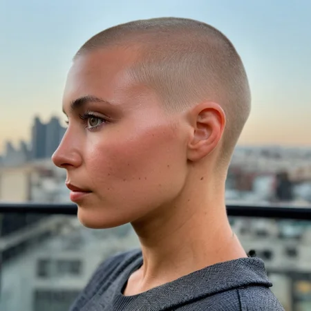 Buzzcut, no hair, bald, Blade Runner style, (Skin Texture, pores, natural,iPhone,RAW)), natural lighting, Highest Quality closeup Portrait photo of a woman wearing no makeup with a ((buzzcut)), side view, profile, silver eyes, Nikon Z9, realistic matte skin, blurry city in the background, 8K,
