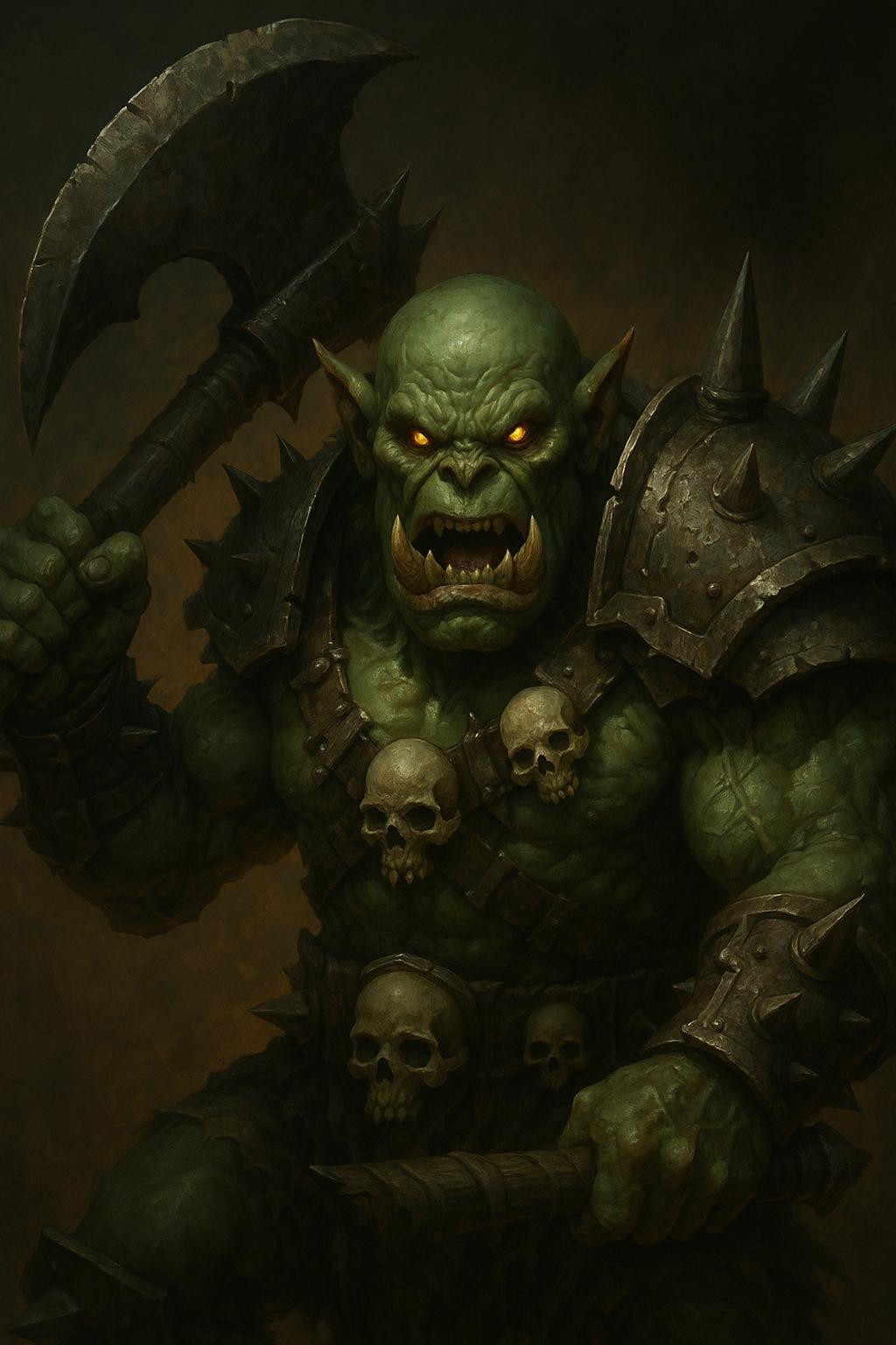 A monstrous orc warrior with bulging muscles and a fearsome expression. His skin is a sickly green, and he wears spiked armor adorned with skulls. He wields a massive, jagged axe, and his eyes glow with a feral intensity, 
