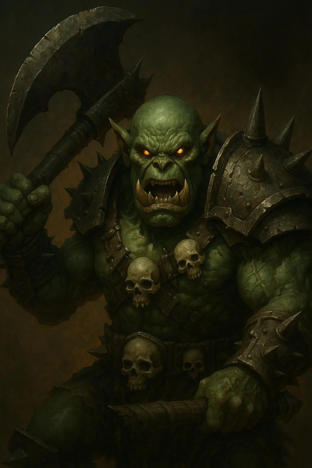 A monstrous orc warrior with bulging muscles and a fearsome expression. His skin is a sickly green, and he wears spiked armor adorned with skulls. He wields a massive, jagged axe, and his eyes glow with a feral intensity,