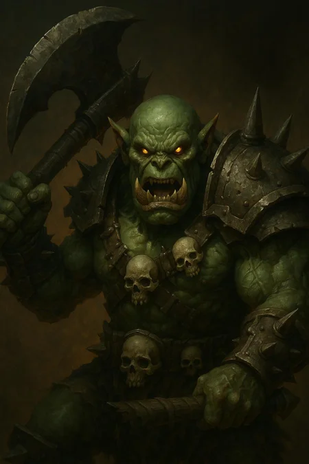A monstrous orc warrior with bulging muscles and a fearsome expression. His skin is a sickly green, and he wears spiked armor adorned with skulls. He wields a massive, jagged axe, and his eyes glow with a feral intensity,
