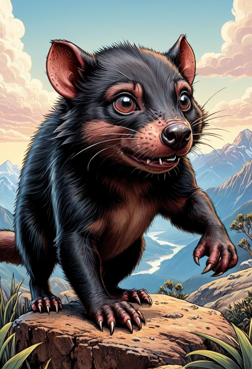 A Tasmanian Devil, in a fantasy mointain, mobe-90c0m, <lora:RetFutCom-V1:0.75>,