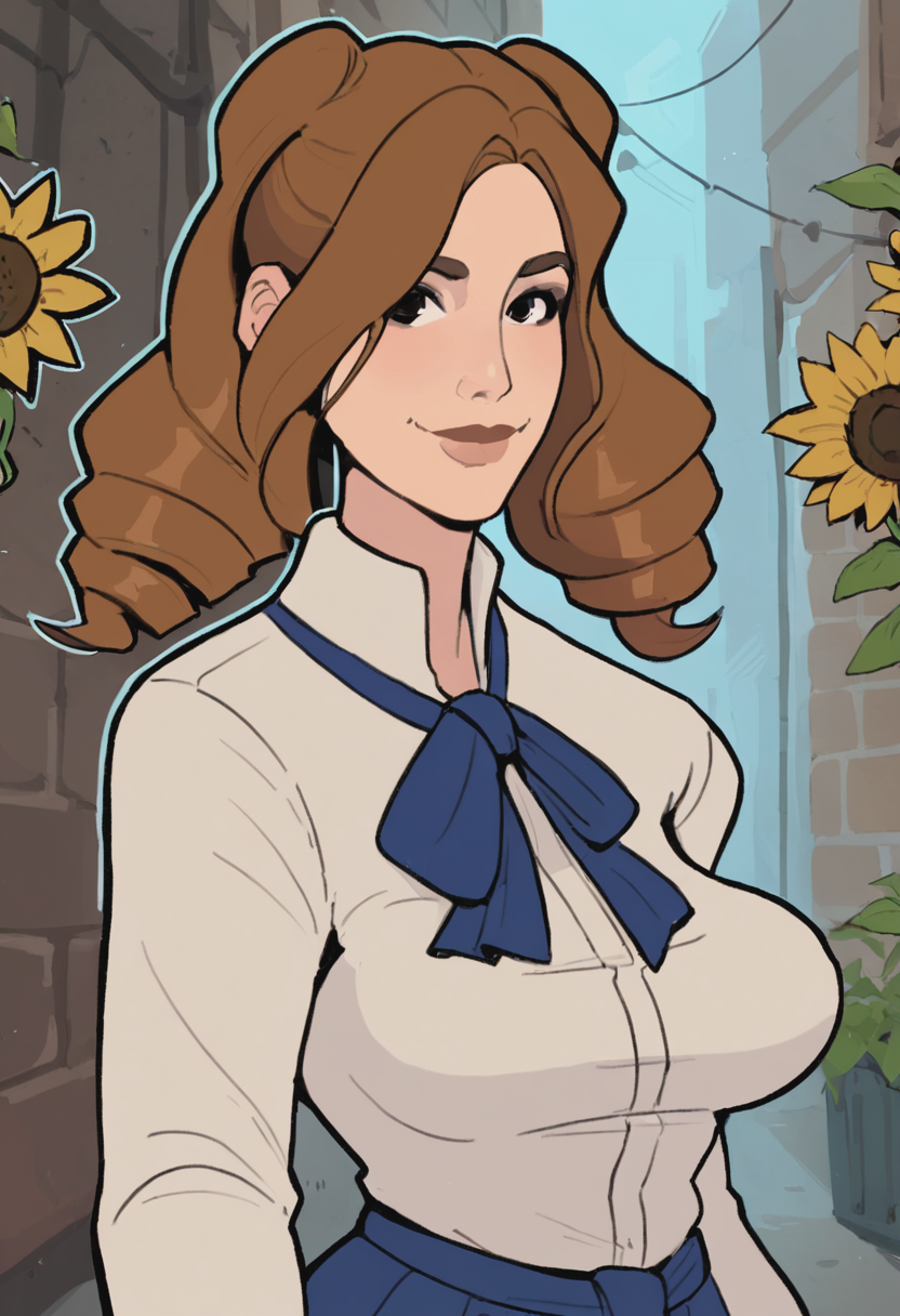 score_9, score_8_up, score_7_up, 1girl, mature_female, large_breasts, portrait, solo, looking_at_viewer, open_eyes, Standing, pretending to hold a sunflower, sideways, (Prussian blue hakama), twin drills, French pleat, Brown hair, alley, cut-in, rating_safe, <lora:pony\artist_styles\hornyx_pony:1.0>