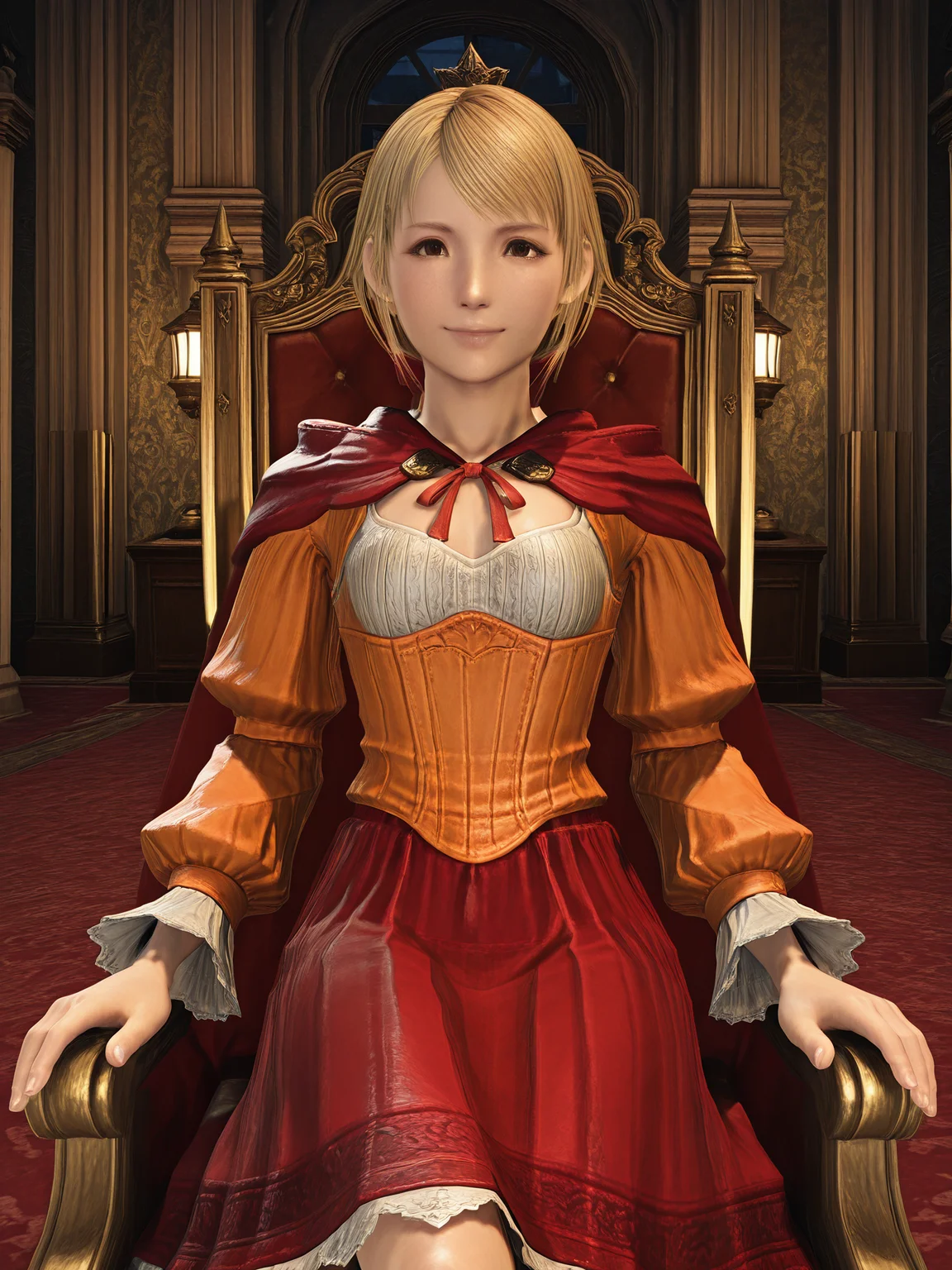 <lora:ST_FFVIIRB_0R:1.2>, ffviirb, 3d, realistic, photograph, photorealistic
<lora:Alma_Beoulve_FFXIV_0R:0.7>, alma_ffxiv
brown eyes, blonde hair, long hair, low ponytail, swept bangs, hair ribbon, red ribbon, small breasts
orange dress, red cape, long sleeves, red skirt
<lora:CC_Aesthetic_Masterpiece_1:1>, masterpiece, best quality, amazing quality, very aesthetic, absurdres, detailed background, volumetric lighting, ray-tracing
1girl, looking at viewer, dynamic pose, sitting on golden luxurious king throne, smile, front view
(indoors, fantasy, city, mansion, luxurious mansion, wallpaper, curtains, window, lamp, lantern, final fantasy vii rebirth background)