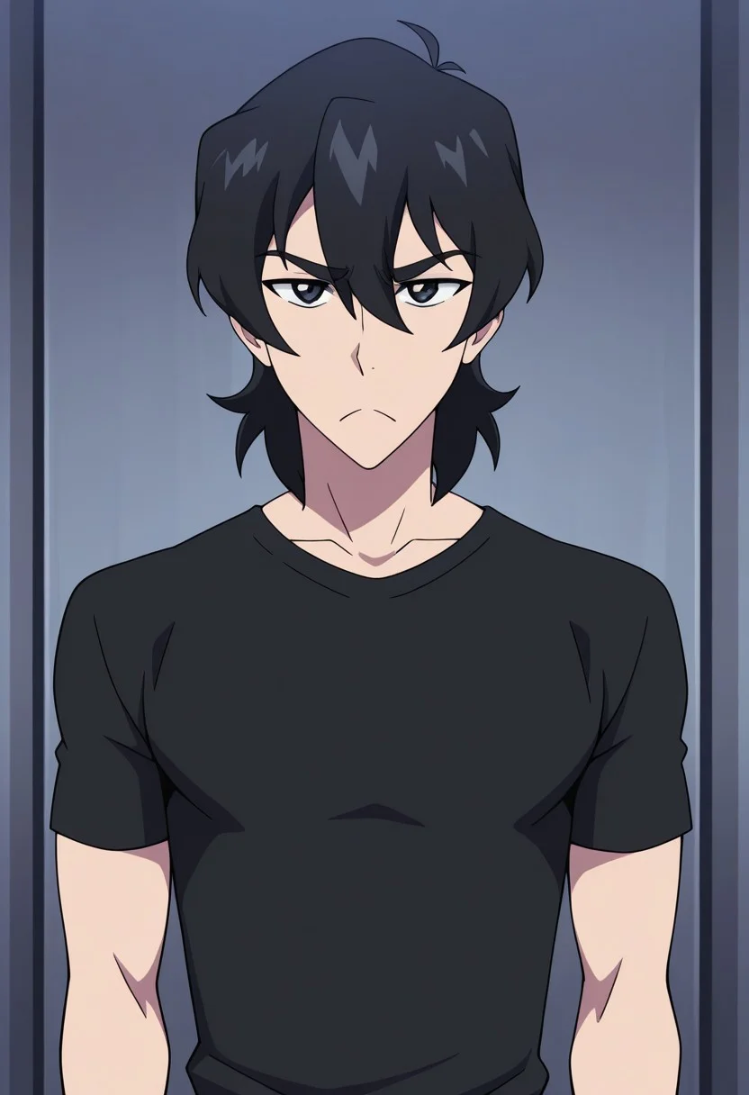 masterpiece,best quality,amazing quality, source_anime,
keithvld, 1boy, male focus, solo, black eyes, black hair, shirt, black shirt, short sleeves, frown,