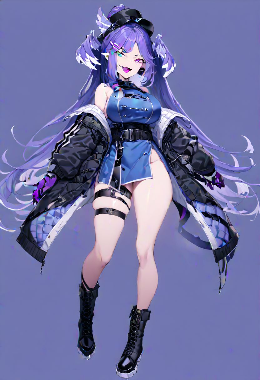 masterpiece, best quality, ultra-detailed, beautiful, nai3, 1girl, solo, full_body, tachi-e, 
selen tatsuki, boots, dress, tail, dragon tail, hat, blue dress, official alternate costume, dragon girl, sleeveless, ponytail, belt, smile, gloves, long hair, breasts, open mouth, very long hair, thigh strap, simple background, hair ornament, jacket, bangs, hairclip, fang, wings, black footwear, looking at viewer, black belt, pointy ears,