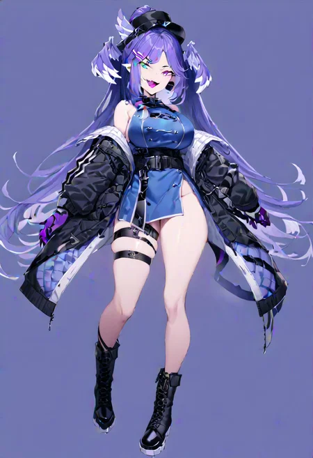 masterpiece, best quality, ultra-detailed, beautiful, nai3, 1girl, solo, full_body, tachi-e,
selen tatsuki, boots, dress, tail, dragon tail, hat, blue dress, official alternate costume, dragon girl, sleeveless, ponytail, belt, smile, gloves, long hair, breasts, open mouth, very long hair, thigh strap, simple background, hair ornament, jacket, bangs, hairclip, fang, wings, black footwear, looking at viewer, black belt, pointy ears,