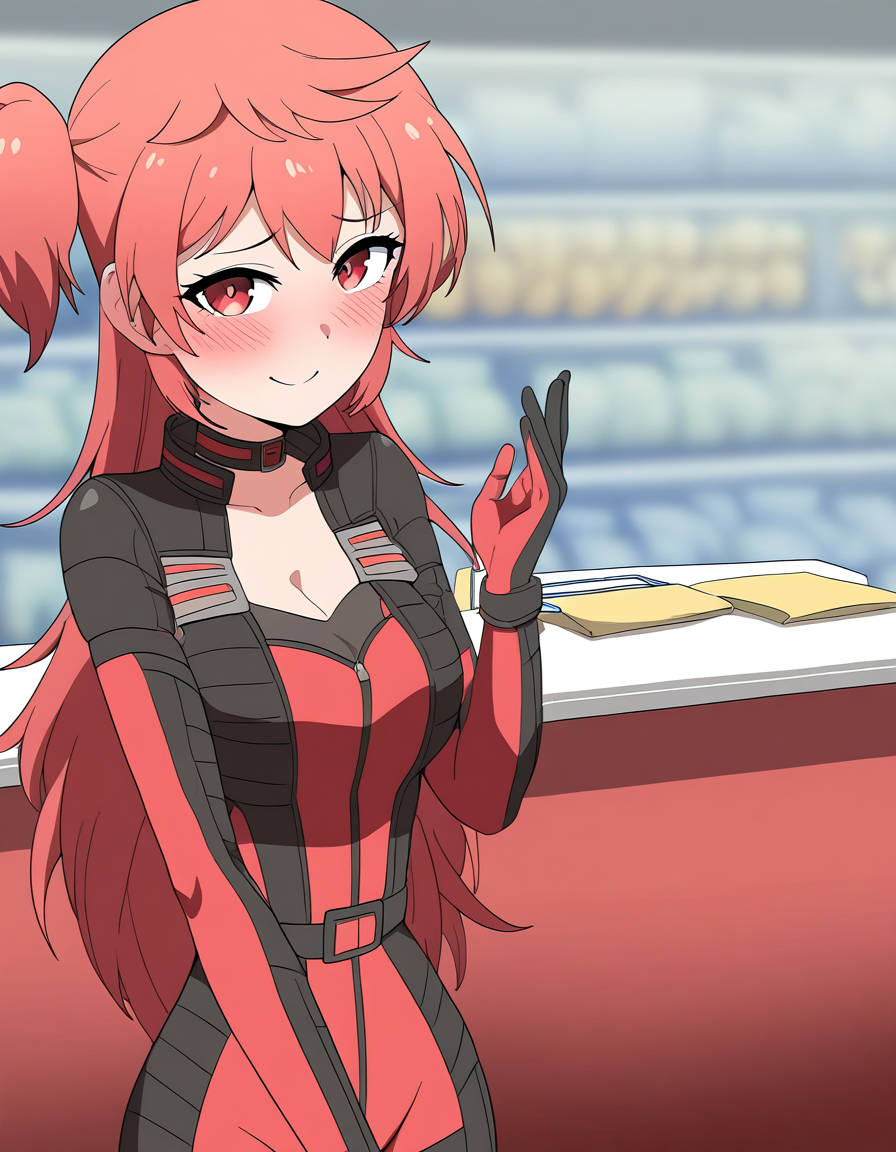 masterpiece, best quality, newest, absurdres, highres, safe,, <lora:aoi-hidaka-s1-illustriousxl-lora-nochekaiser:1>, aoi hidaka, long hair, pink hair, red hair, red eyes, ponytail, short ponytail,, bodysuit, black bodysuit, red bodysuit, cleavage,, grocery store, cashier, shopping bag, scanning items, small talk, everyday routine, , sidetail miku noodle stopper (meme), meme, side ponytail, hand up, blush, smile, bed room, cowboy shot, looking at viewer, looking at viewer, solo,, cowboy shot