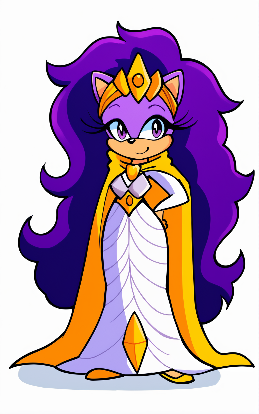 score_9, score_8_up, score_7_up,((best quality)), absurdres,((full body)),  <lora:3d-2d:0.8>, <lora:QueenAleenaPXL:1>,QueenAleenaPXL,long hair, furry, purple hair, furry female, animal ears, purple fur, purple skin,dress, yellow cape, white dress, cape, tiara, armor, long sleeves,white background, beige skin,smile,Trimmer Belt