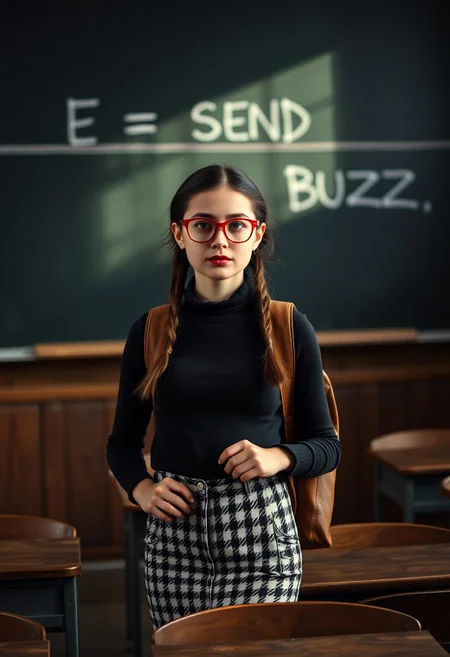(Old college classroom). 18 year old woman, nerdy girl, petite woman, skinny:0.7, cute slender oval face, no makeup,  blue eyes, full pouty lips, mouth slightly open, naturally red lips, red framed round glasses, dark brown hair in twin braids, tiny little breasts:0.5, (no bra, covered nipples), petite body, skinny, wide hips, perfect toned ass, 
Black and white houndstooth pencil skirt, tight black long sleeved turtleneck tucked into jeans:0.8, brown leather backpack slung over one shoulder
In an old classroom, standing next to chalkboard, wall of windows, room only being lit by the light coming in the windows, dark background, old wooden desks,  (((text on chalkboard says”E = SEND BUZZ”, beautiful window side lighting,