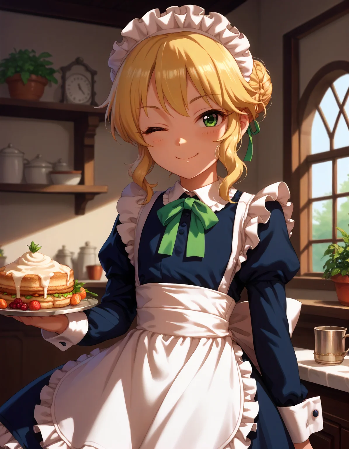 score_9,score_8_up,score_7_up,1girl,solo,cowboy shot,looking at viewer,smile,wink,
<lora:sakuraimomoka_ponyXLV6:0.8>,cgsmmk,
blonde hair,sigle hair bun,green eyes,flat chest,
maid headdress,apron,puffy sleeves