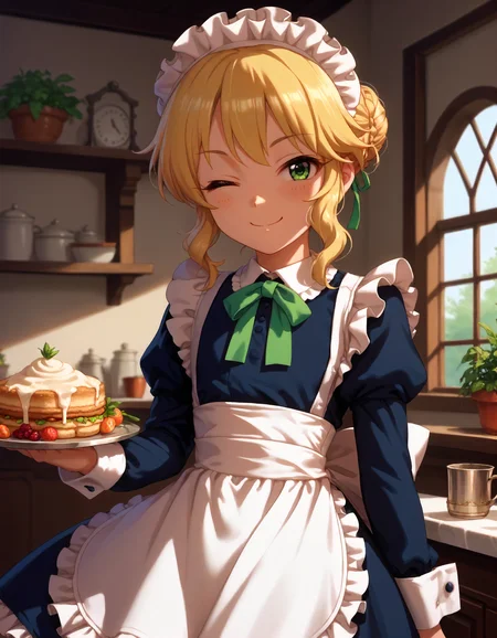 score_9,score_8_up,score_7_up,1girl,solo,cowboy shot,looking at viewer,smile,wink,
<lora:sakuraimomoka_ponyXLV6:0.8>,cgsmmk,
blonde hair,sigle hair bun,green eyes,flat chest,
maid headdress,apron,puffy sleeves