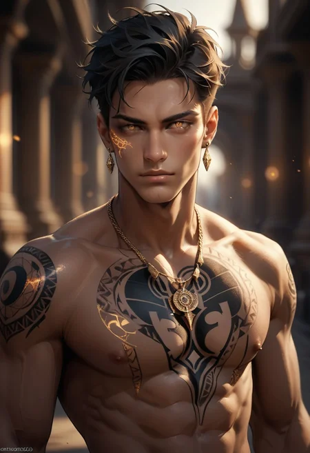 score_9, score_8_up, score_7_up, score_6_up, dskgold_filigree, 1boy, male focus, jewelry, solo, yellow eyes, earrings, looking at viewer, tattoo, nipples, upper body, pectorals, short hair, necklace, dark skin, dark-skinned male, bare pectorals, black hair, blurry, chest tattoo, blurry background, muscular, twitter username, muscular male, glowing, neck tattoo, abs, gold filigree, made of gold, cinematic lighting, natural lighting,