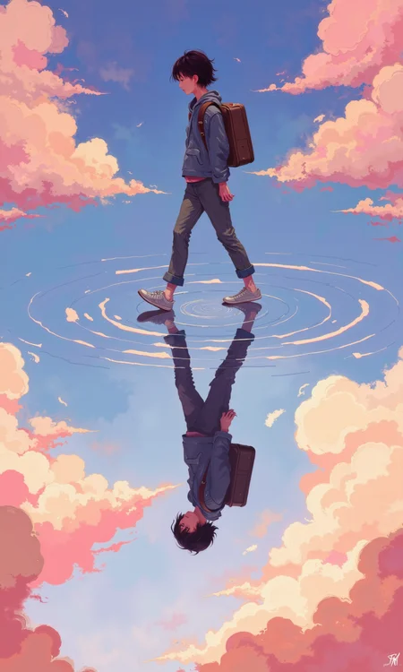 A vibrant digital artwork featuring a captivating reflection.
A young woman, depicted in a stylized anime or digital painting style, is seen walking in mid-air. Her posture is slightly hunched with a suitcase slung over her shoulder. Her clothing, including pants and a jacket, is a muted, dusky-blueish-gray color. She is also wearing light-colored (likely white or light gray) sneakers.
The woman is reflected upside down in a pool of water, that appears to be calm and mirroring the clouds above. The clouds are a soft, pastel palette of pinks, oranges, and purples, creating a dreamlike atmosphere.
The water's surface is visible with concentric ripples and a circular pattern surrounding the inverted figure, suggesting a still pool or puddle. The colors of the clouds are vibrant and detailed, with soft edges indicative of artistic technique. The image seems to convey a sense of surrealism and reflection, showing a perspective that is at once natural and fantastical. The character design suggests a style commonly found in illustrations or digital art.
<lora:FLUX-daubrez-DB4RZ-v2:1> DB4RZ, DB4RZ style painting
