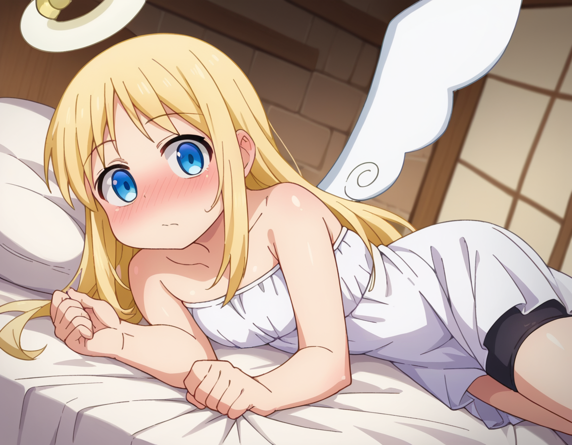 score_9, score_8_up, score_7_up, source_anime,
crimvael, <lora:crimvael-ponyxl-lora-nochekaiser:1>
crimvael, long hair, blue eyes, blonde hair,
dress, bare shoulders, collarbone, wings, white dress, strapless, halo, strapless dress, angel wings, white wings, angel,
indoors, bed, bed room, on side, blush, drunk,
looking at viewer, dutch angle, cowboy shot,