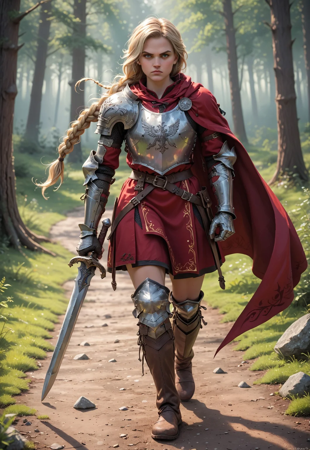 A broad shouldered (woman), wide body, solid build, tall, muscular physique, long braided blonde hair, single (extremely long hair braid), stern face, thick legs, thick thighs, thick calves,
scowling, action pose, hair swishing, spinning around, twirling around,
wearing fantasy plate armour, red skirt, miniskirt, knight, red cape, billowing cape, feet visible, standing on forest path, in forest, long boots, grieves, gauntlets,
dramatic lighting,
fantasy, medieval fantasy, dark fantasy, 1girl, 1 character, action shot,
(holding sword and shield),
illustrated style, realistic illustration, realistic digital art style,
high quality face, detailed face,
exposed thighs,