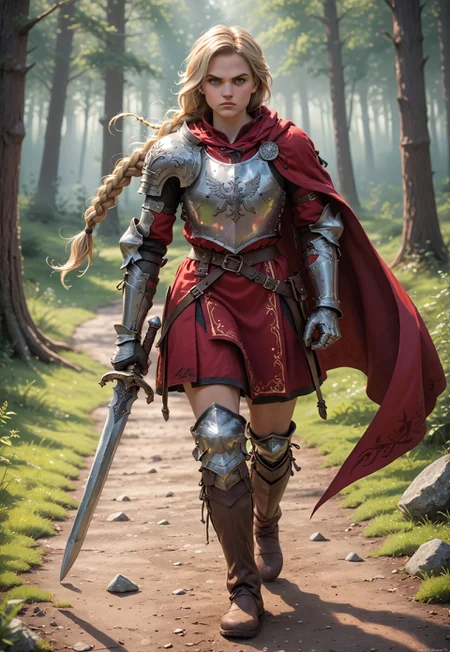 A broad shouldered (woman), wide body, solid build, tall, muscular physique, long braided blonde hair, single (extremely long hair braid), stern face, thick legs, thick thighs, thick calves,
scowling, action pose, hair swishing, spinning around, twirling around,
wearing fantasy plate armour, red skirt, miniskirt, knight, red cape, billowing cape, feet visible, standing on forest path, in forest, long boots, grieves, gauntlets, 
dramatic lighting,
fantasy, medieval fantasy, dark fantasy, 1girl, 1 character, action shot,
(holding sword and shield),
illustrated style, realistic illustration, realistic digital art style,
high quality face, detailed face,
exposed thighs,
