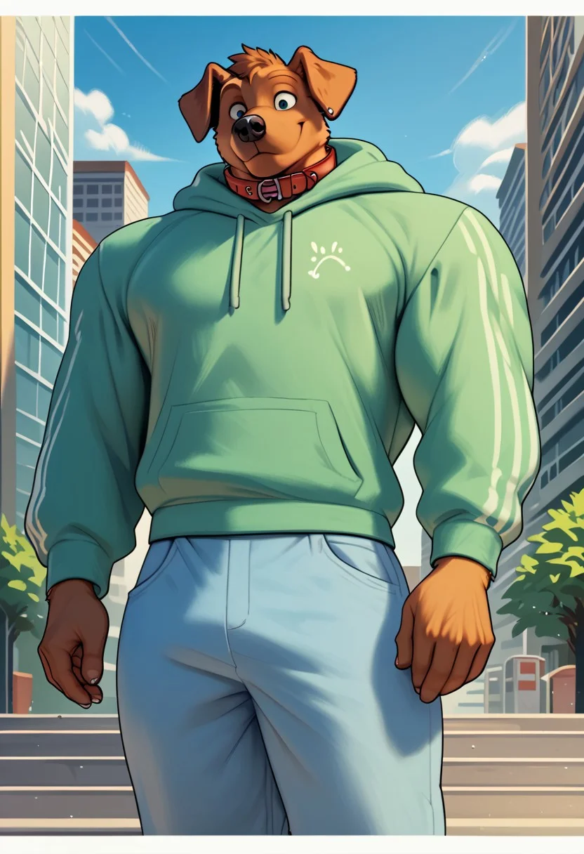 score_9, score_8_up, score_7_up, score_6_up, score_5_up, score_4_up, lower body view, best quality, highly detailed, intricate details, male, happy atmosphere, outdoors, city, extremely detailed, smooth body, smooth lines, style art, solo, 1furry, 1boy, dog collar, hoodie, two toned fur, anthro, pants, 1boy, midriff peek, muscular, hyper muscular