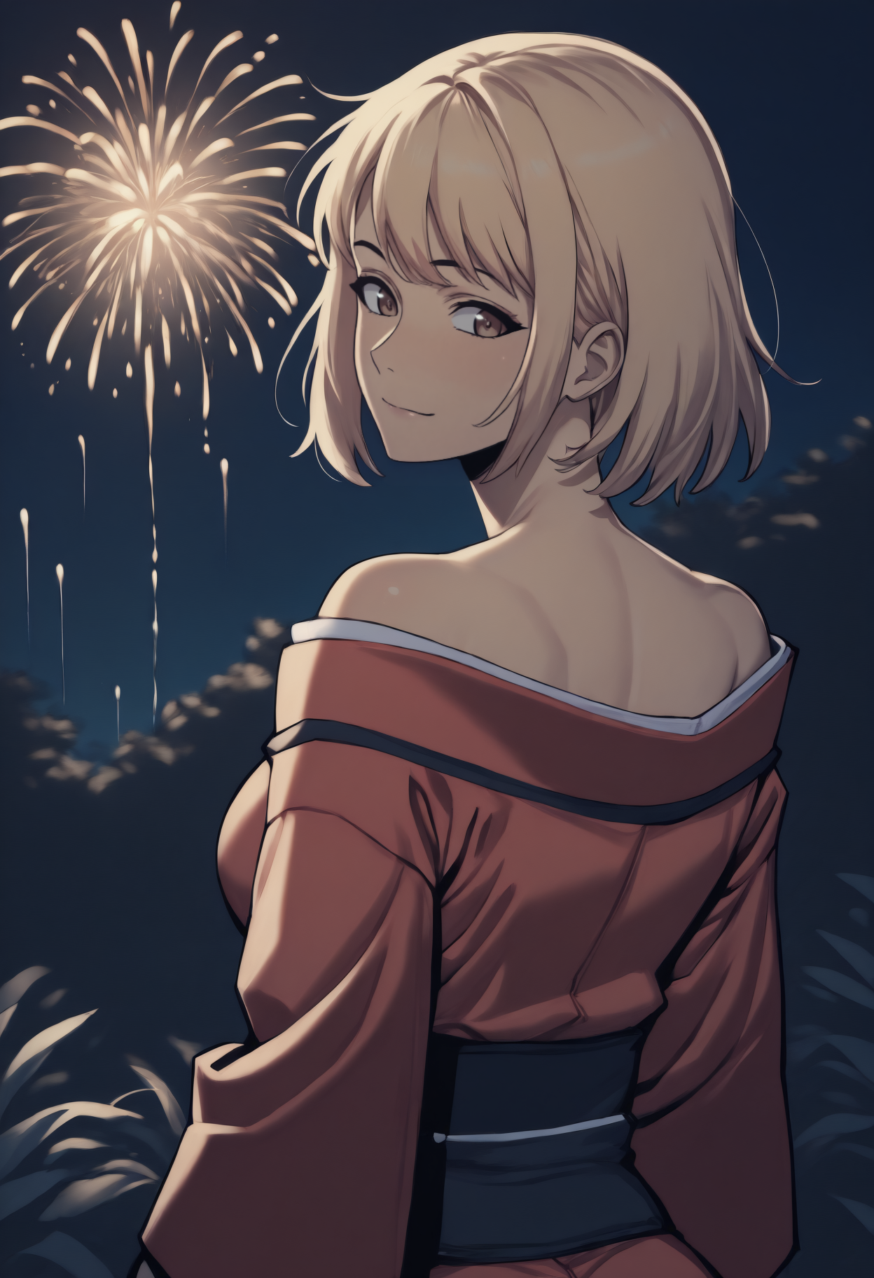 anime, masterpiece, best quality, from behind, solo, 1girl, cha hae-in, slight smile, looking back, short hair, blonde hair, brown eyes, japanese clothes, red kimono, off shoulder, black sash, bare shoulders, outdoors, night, fireworks
<segment:yolo-Anzhc Face seg 640 v2 y8n.pt,0.4,0.5//cid=1>