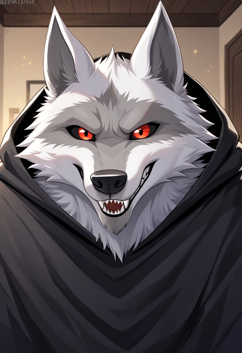 best quality, newest, absurdres, highres, 1boy,solo,Anthro,Deathwolf, Wolf, Black Sclera, Red Eyes, white fur,black hooded cloack,face focus,sharp teeth,living room