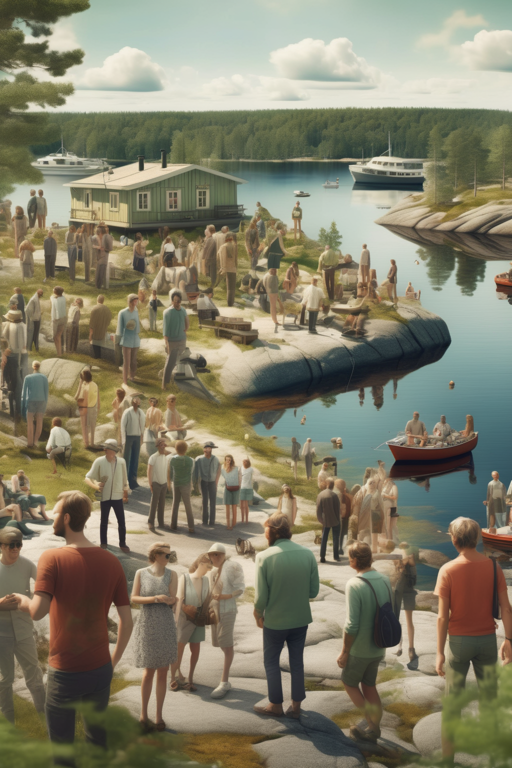 <lora:Erik Johansson Style:1>Erik Johansson Style - a photorealistic photo in the style of Thomas Heaton of a summer weekend in the stockholm archipelago with many friends around, and some intriguing stuff in the background