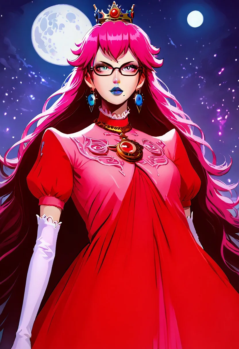 upper body, half body, ((crown, dress, gem, gloves, pink dress, puffy short sleeves, puffy sleeves, short sleeves, white glove)), BayonettaSDXL, Bayonetta2, 1girl, solo, focus, magic, dark shadows magic, long hair, looking at viewer, absurdly long hair, ponytail, Floor length air gray eyes, pink hair, blue lipstick, gloves, jewelry, very long hair, tall girl, earrings, parted lips, glasses, elbow gloves, white gloves, mole, lips, bodysuit, makeup, night, moon, lipstick, mole under, r mouth, full moon, amulet, bayonetta, cowboy shot,, crowmancer, crow flock, drawing dark magic circles with shadows, bold, striking, cowboy shot, easynegative, flat color, dark theme, g4n1m3, shadow magic, arkane_dark, night, night lights, dynamic pose, dynamic angle, Vintage BREAK score_9, score_8_up, score_7_up, score_6_up, source_anime, ((Princess Peach Dress))