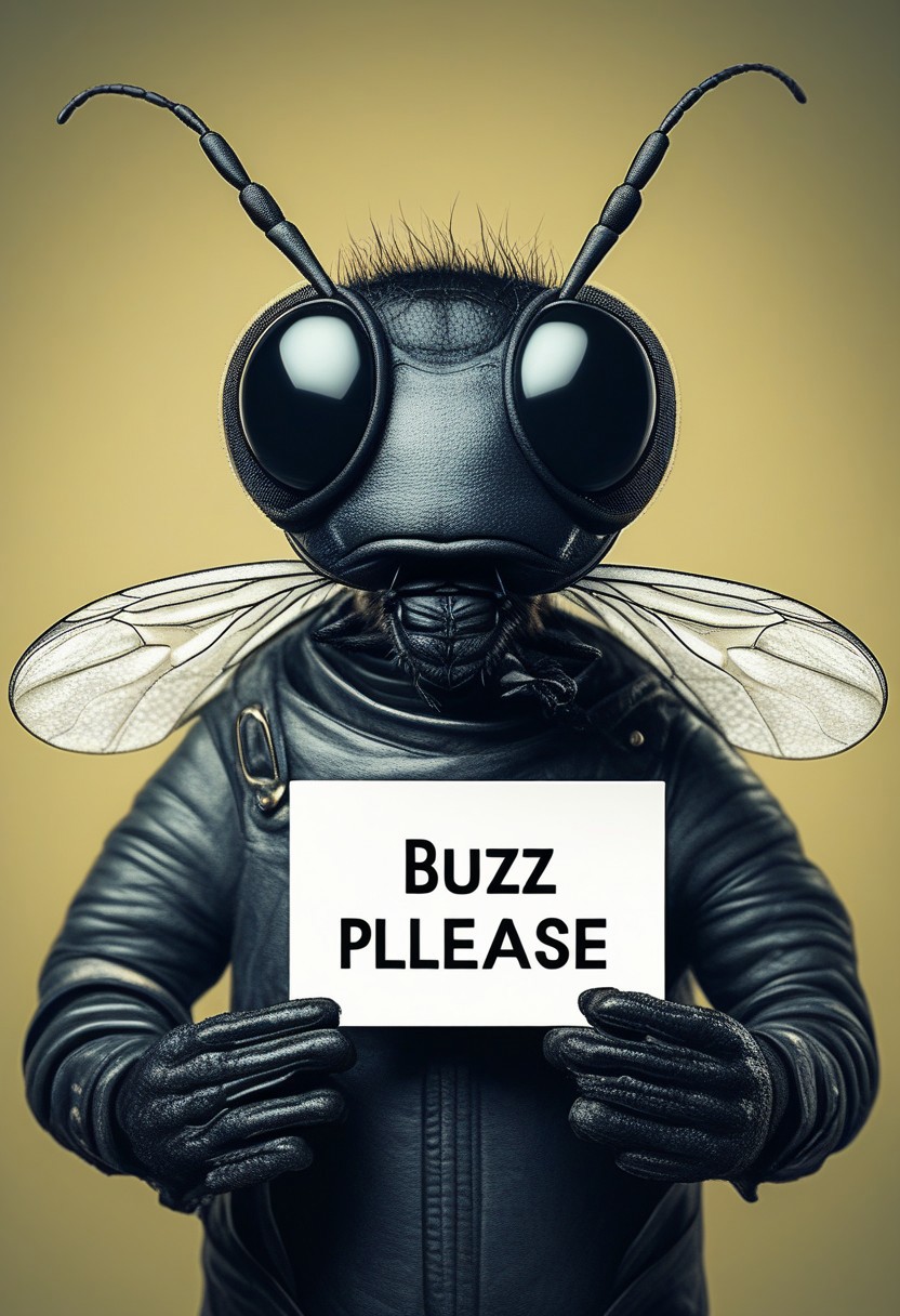 A man with the head of a housefly
holding a sign which reads: "Buzz Please!"
Anthropomorphic, cinematic setting