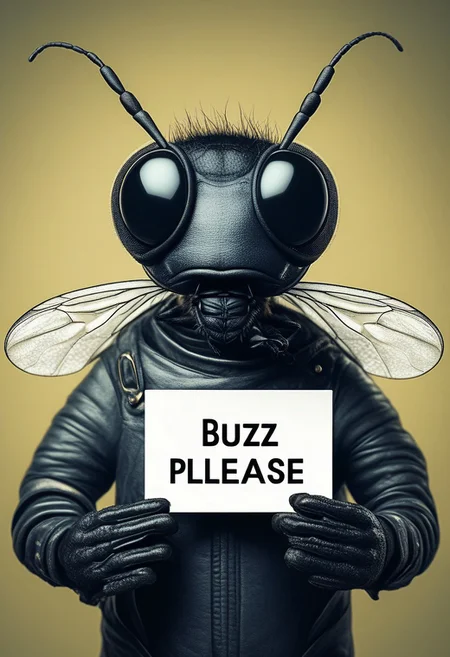 A man with the head of a housefly
holding a sign which reads: "Buzz Please!"
Anthropomorphic, cinematic setting