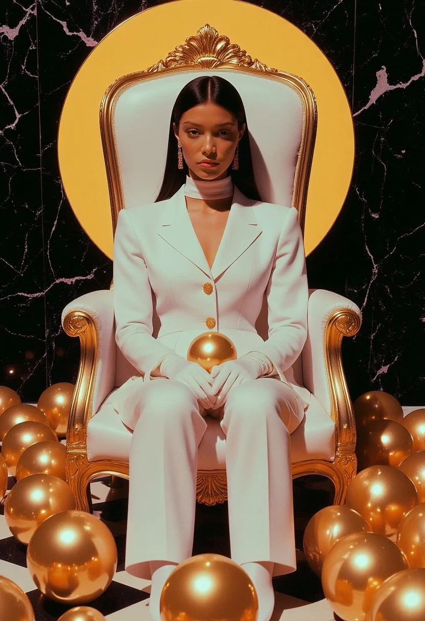 A retro futuristic lorenastyle woman sitting regally on an ornate, golden throne. I know it's weird but just put golden Christmas baubles everywhere please. The woman is dressed in a retro futuristic white nightgown. Big golden baubles are distributed on the woman's nightgown. The nightgown has long, puffy sleeves and a deep V-neckline, revealing a hint of cleavage. Her face is covered by a bridal veil. Her hair is long, cascading down her back in gentle waves. She is adorned with large, gold earrings that dangle elegantly, and she gazes directly at the camera with a serene slightly sad expression. The throne is massive and intricately designed with gold accents and intricate carvings, featuring a high back with a decorative crown at the top. There are many big golden baubles of different sizes around the throne and on the woman. The reason for the baubles is unclear. Behind her, a large, golden circle is illuminated, casting a warm, ethereal glow that highlights her and the throne. The background is a dark, mosaic wall with a glossy finish, adding to the luxurious and opulent atmosphere. I love random baubles, it's Christmas soon! The floor is also marble, with a black and gold pattern that complements the throne's color scheme. The overall composition exudes a sense of grandeur and royalty, blending elements of classical and modern aesthetics in a visually striking manner. retro futuristic clothing style, chromatic grain