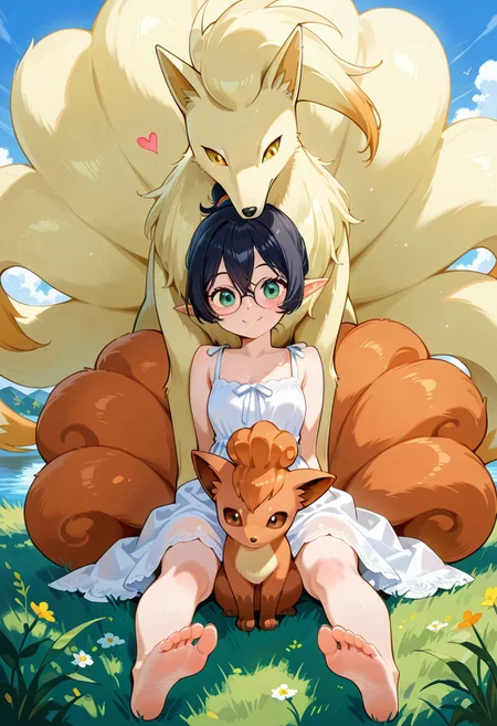 masterpiece, best quality, amazing quality, very aesthetic, absurdres, 1girl with 1other, other with female, trio, hearts, snuggling, affectionate, BREAK
(petite elf, 1girl, pointed ears, black hair, green eyes, single hair bun, glasses, freckles, white dress, barefoot, holding vulpix). BREAK
(1other, vulpix, amber eyes)
BREAK
(1other, ninetales, female ninetales, amber eyes)
river, grass, blue sky, laying, on ground, happy, dynamic pose, perspective, outdoors, plants, beautiful eyes