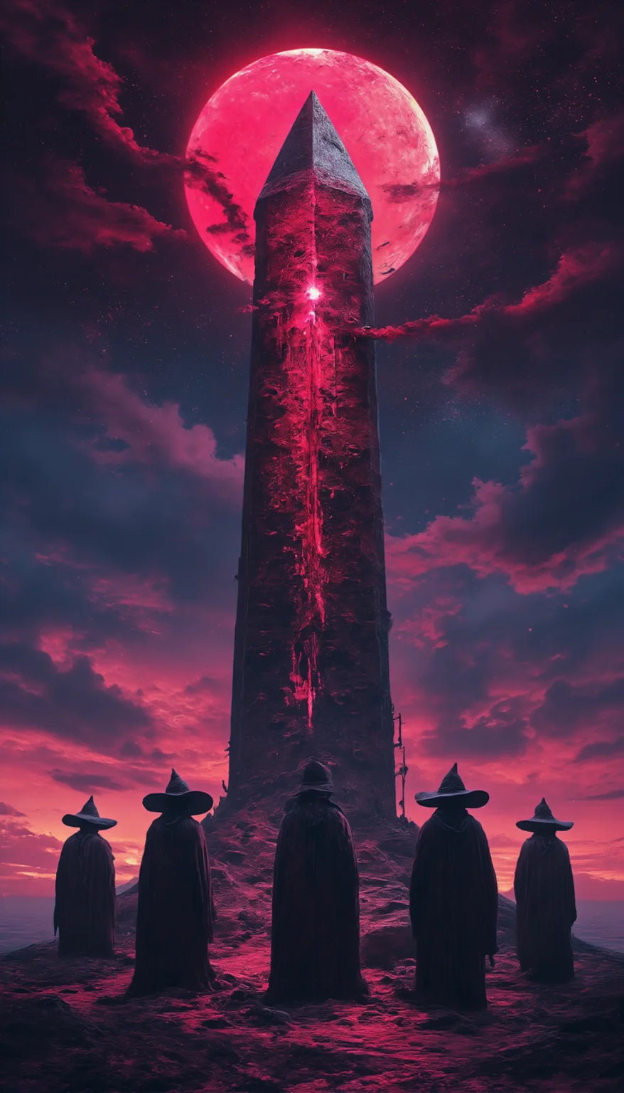 group of witches around glitched glitched obelisk under the red serpent moon