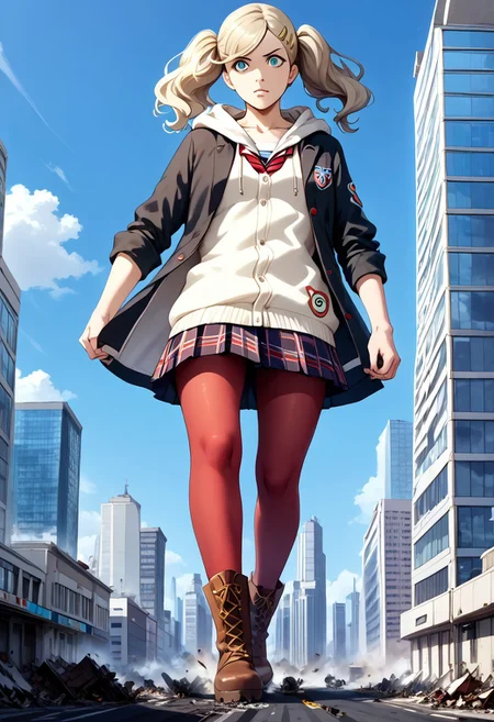 score_9, score_8_up, score_7_up, score_6_up, best quality, masterpiece, cityscape, city, by terada ochiko, perfect shading, anatomically correct, zPDXL2, zPDXLxxx, 1girl, giantess. p5ann, skirt, school uniform, jacket, open clothes, hairclip, twin tails, hood, miniskirt, sweater, open jacket, black jacket, hoodie,hood down, white sweater, red pantyhose, hooded cardigan, shuujin academy school uniform, brown footwear, cross-laced footwear, high heel boots, lace-up boots, , stomping building , action   ,macrogts, macro, gts, ,, in profile, <lora:[GP] somethingweird [Pony XL]:0.35>, growth, implied growth, , skyscraper, , facing background, , micro city, <lora:minigts:0.65>,, smirking  , huge round boobs, destruction , foot crush