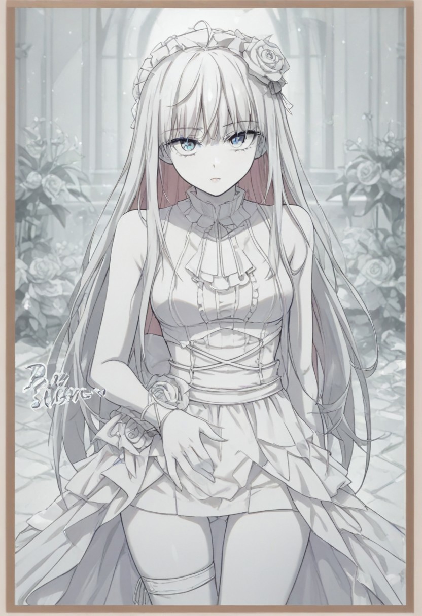 ((white theme:1.75)),((best quality)),((masterpiece)),((ultra-detailed)),(illustration),(detailed light),(an extremely delicate and beautiful),incredibly_absurdres,(glowing),(1girl:1.7),solo,a beautiful girl,(((cowboy shot))),standding,((Hosiery)),((beautiful dress+stocking):1.25),((Belts)),(leg loops),((flower headdress)),((short white hair)),(((beautiful blue eyes))),((english text)),(flower:1.65),(rose),(garden),(((border:1.75))),cozy animation scenes