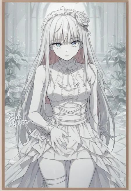 ((white theme:1.75)),((best quality)),((masterpiece)),((ultra-detailed)),(illustration),(detailed light),(an extremely delicate and beautiful),incredibly_absurdres,(glowing),(1girl:1.7),solo,a beautiful girl,(((cowboy shot))),standding,((Hosiery)),((beautiful dress+stocking):1.25),((Belts)),(leg loops),((flower headdress)),((short white hair)),(((beautiful blue eyes))),((english text)),(flower:1.65),(rose),(garden),(((border:1.75))),cozy animation scenes