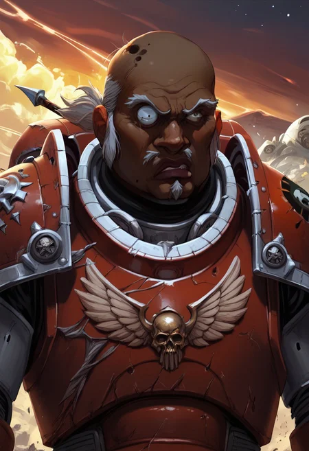score_9, score_8, score_7, score_7_up, score_8_up,1boy\(uncle_ruckus, wearing black space marine armor, angry, holding large axe\), fantasy, destroyed city,, war in background, bad-picture-chill-75v, Expressiveh, upper body