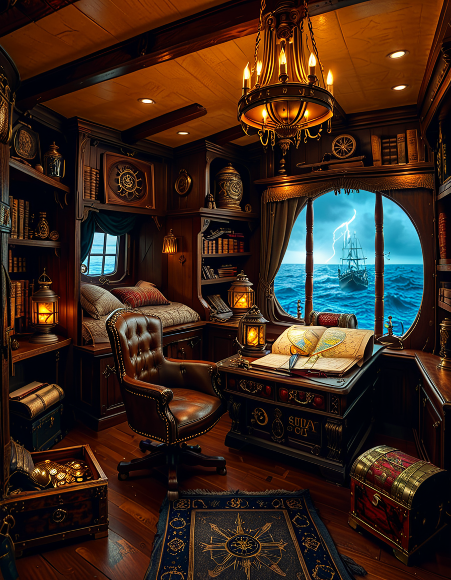 <lora:Captain_c4b1n:1>,Captain c4b1n
A richly detailed pirate captain's cabin aboard an 18th-century wooden ship. The room is dimly lit by flickering candlelight and a hanging oil lantern, casting warm golden glows on the dark oak walls. An ornate wooden desk sits at the center, covered with ancient, weathered maps, a golden compass, and scattered quills with ink bottles. A large, curved window at the back reveals the vast ocean under a moody, cloudy sky, with faint moonlight seeping in.
To the right, a massive wooden bookshelf filled with leather-bound books, nautical charts, and mysterious artifacts, some covered in dust. On the left, a polished mahogany chest with intricate carvings, partially open, revealing gold coins and shimmering gemstones. A grand captain's chair, upholstered in deep red velvet, sits behind the desk, exuding authority and power.
The wooden floor is rugged and slightly uneven, adorned with an old tattered rug. A cutlass and a flintlock pistol rest casually on the desk, while a pirate hat with a large feather hangs on the wall beside a mounted shipâs wheel. The atmosphere is both eerie and majestic, evoking the spirit of adventure and the mysteries of the sea.
<lora:SDXLFaeTastic2400:0.4> <lora:extremely_detailed:0.4> extremely detailed, Masterpiece,best quality,hi res,8k,hi res,8k,award winning,(sharp focus, intricate, highly detailed),