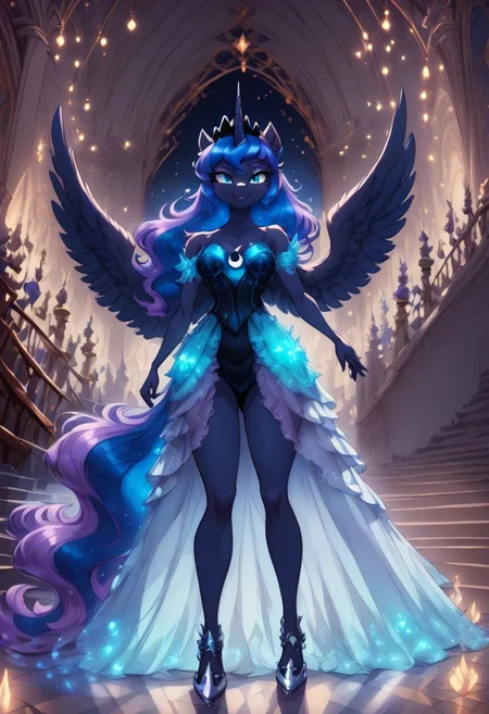 score_9, score_8_up, score_7_up, anthro,
(((Princess Luna))), alicorn, (spread wings), horn, regalia,
facing viewer, front view, female focus, view from chesthight,
g5, pony, female, mare, tail, dock, solo, 1girl, highly detailed, beautiful, detailed eyes, detailed fur, beautiful eyes, (tall), ((perfect body proportions), (beautiful long legs), darkblue skin
small breasts, show accurate skin colour,
long hair, fluffy hair, biggest hair,
(((walking ((down)) a grand staircase))), (((waving to viewer))), ((happy, excited, smiling at viewer invitingly)),
(((wearing a beautiful, eyecoloured, bioluminescent, shoulderfree ballgown))), glowing ballgown,
BREAK,
highly detailed background, (((nighttime))), night
inside Canterlot castle, ballroom, ((grand staircase)), mirror marble floor, (((dimmed lights in the room))),