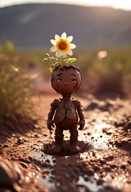 kawaii anthropomorphic mud holding cute flower in parched earth landscape, atmospheric lighting, bokeh, high resolution