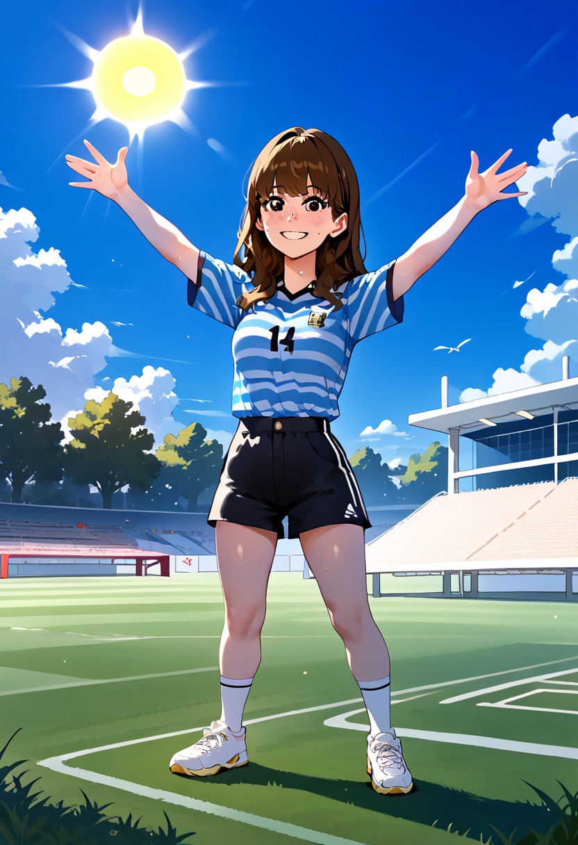 score_9, score_8_up, score_7_up, score_6_up, score_5_up, source_anime, Expressiveh
SBJenniferIK, 1girl, brown hair, long hair, bangs, freckles, black eyes, 
BREAK, blue shirt, white shirt, striped shirt, white sneakers, black shorts, worried, arms waving, arms out, arms spread, legs spread, standing, knees, white socks, sweating, teeth
soccer field, grass, goal net, sunlight, sun, clouds, day, ourdoors, crowds, benches, trees, cityscape