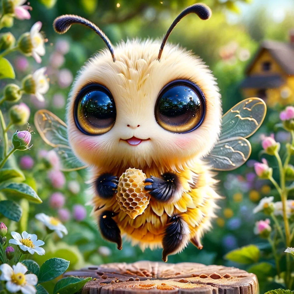 pam-swtvrld happy bee,with six legs,holding a honeycomb,garden background with flowers,warm light,full depth of field and realistic textures,highly detailed,masterpiece,high quality