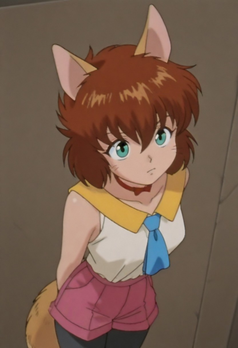 masterpiece, best quality, amazing quality,,, shiny skin,,,,,,,,<lora:koto_ilxl_v1.0:1>,koto,brown hair,green eyes,whiskers,fang out, k_clothes,yellow collar,red ribbon choker,white sleeveless shirt,blue necktie,pink shorts,fox tail,black_pantyhose,k_m,