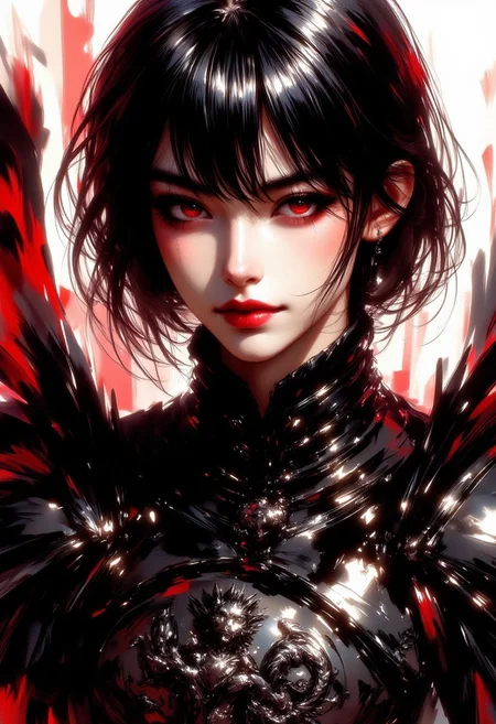 inksketch in red and black, inksplash image, closeup portrait of female demon knight, soft black hair, bangs, red eyes, dark eyeshadow, red lips, black plate armour emblazoned with heraldic demon, black feathered wings, directional lighting, direct gaze