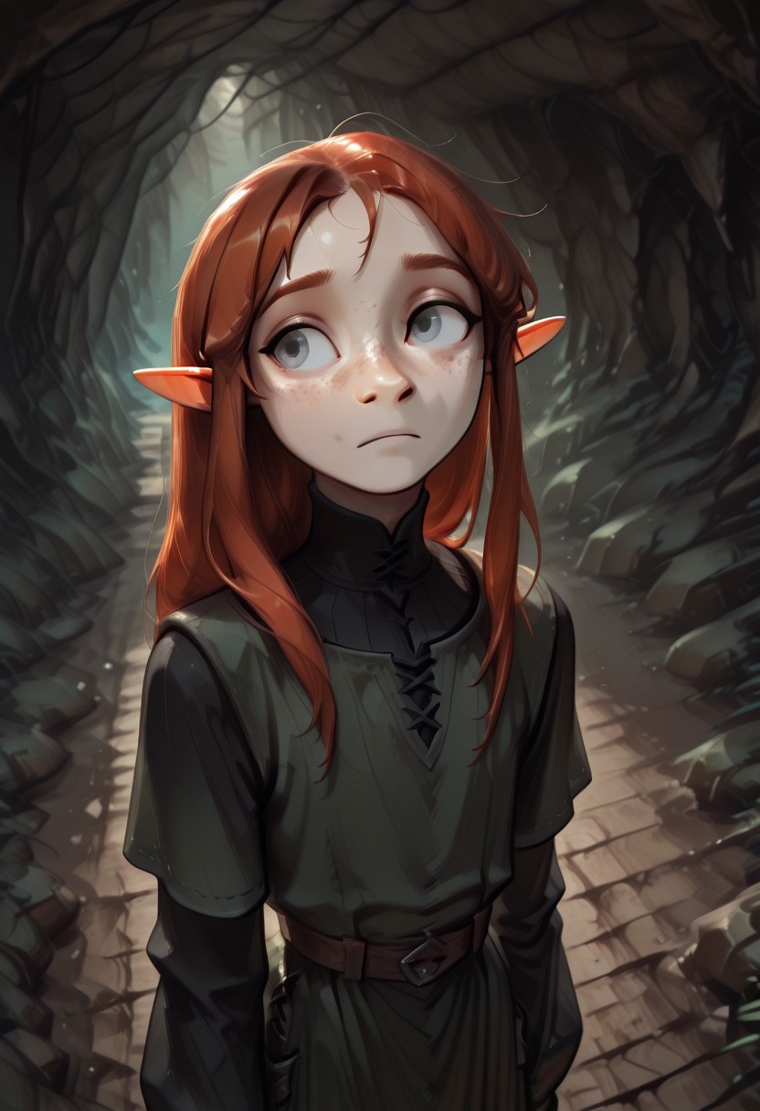 1person, solo, Lapanya, Malgha, freckles, pointy ears, Long-sleeve black shirt, green tunic,
looking to the side, looking away from viewer, high angle, anxious expression,
Underground, organic cavern,
Masterpiece, high quality, highly detailed, perfect eyes, detailed freckles,