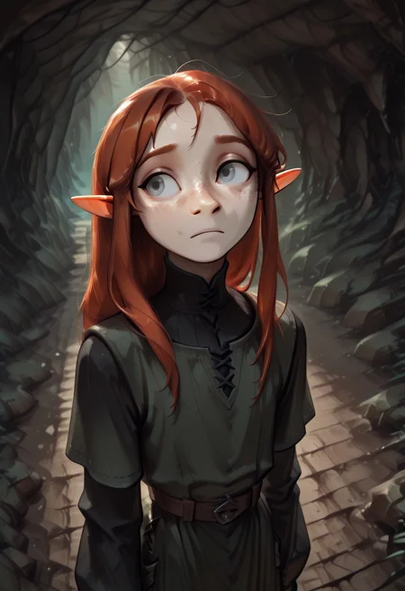 1person, solo, Lapanya, Malgha, freckles, pointy ears, Long-sleeve black shirt, green tunic,
looking to the side, looking away from viewer, high angle, anxious expression,
Underground, organic cavern,
Masterpiece, high quality, highly detailed, perfect eyes, detailed freckles,